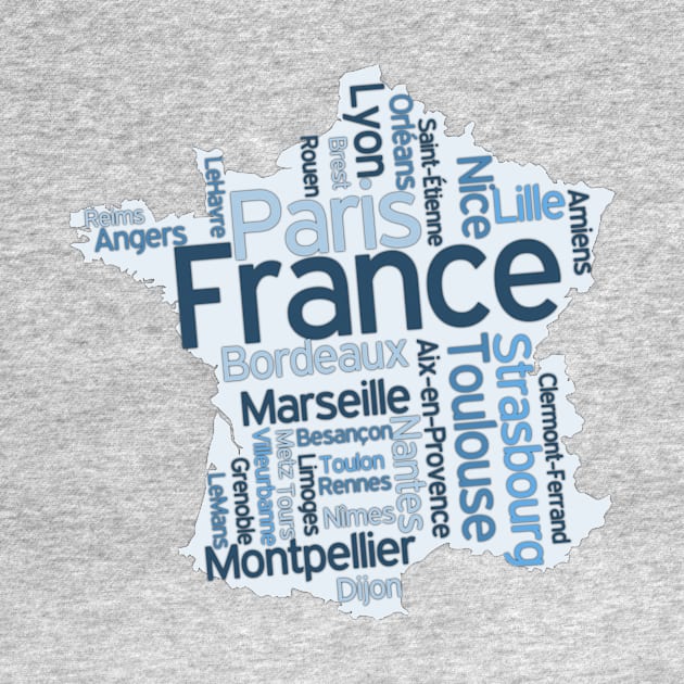 blue Text graphic France map, Text Map of France with largest cities by Mashmosh
